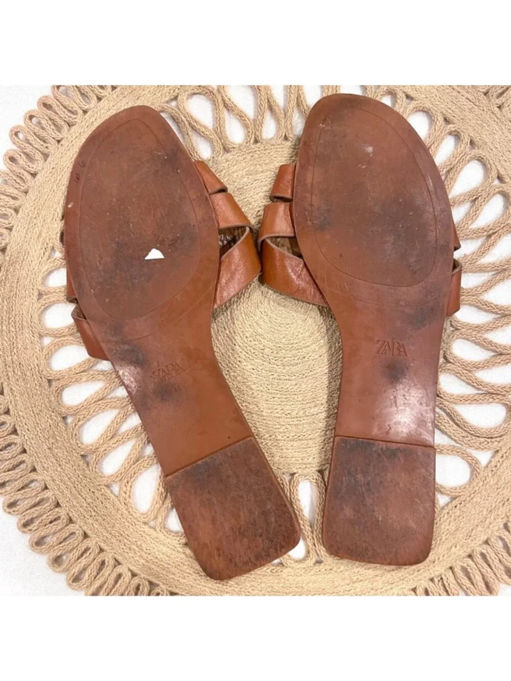Zara Crossed Flat Leather Sandals Brown Size EU 42 Neutral Minimalist